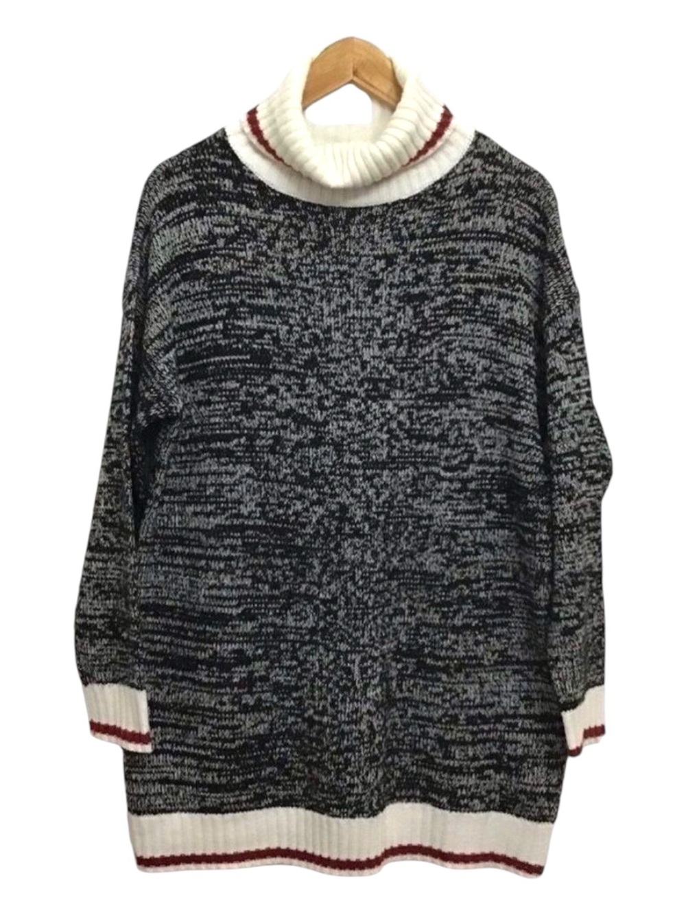 GREY red white chunky knit sweater large oversized turtle neck cowl